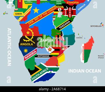 Vektor Teil der Weltkarte mit der südafrikanischen Länder mit ihren nationalen Flaggen gemischt Stock Vektor