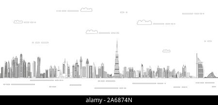 Dubai сityscape Line Art Stil Vector ausführliche Darstellung. Reisen Hintergrund Stock Vektor