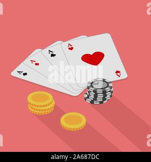 Die Karten passen Herzen mit Chips Festlegung in der Nähe auf einem rosa Hintergrund. Vector Illustration. Close-up. Spielende Unterhaltung, Poker, Casino. Stock Vektor