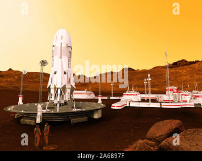 Konzept eines futuristischen Mars base camp mit Rocket Launch Plattform in einer kargen Landschaft, 3D-Rendering Stockfoto