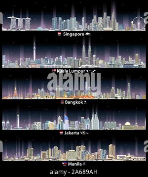 Vector Illustration von Singapur, Kuala Lumpur, Bangkok, Jakarta und Manila Stadtbilder in der Nacht Stock Vektor