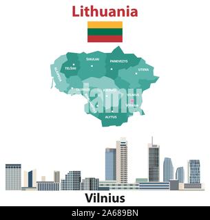 Litauen Regionen Karte und Flagge. Vilnius City Skyline. Vector Illustration Stock Vektor
