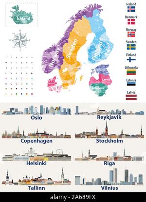 Vektor skandinavischen und baltischen Länder Karte mit Flaggen und Städte Skylines: Kopenhagen, Stockholm, Oslo, Reykjavik, Helsinki, Riga, Tallinn, Vilnius. Stock Vektor