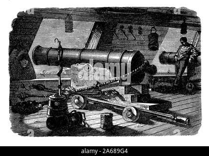 Artillerie Typ auf einer Segelyacht Mann-von-Krieg von den Napoleonischen Kriegen, Anfang des 19. Jahrhunderts. Männer des Krieges waren schwer bewaffnete Soldaten Schlachtschiff mit den Kanonen, die Pistole Decks zu halten Stockfoto