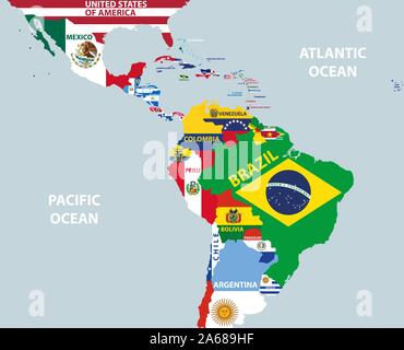 Vektor Teil der Weltkarte mit Region der Lateinamerikanischen Länder gemischt mit ihren nationalen Flaggen Stock Vektor