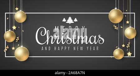 Christmas gift card. Goldene Kugeln und Sterne. Serpentine und Konfetti auf schwarzem Hintergrund. Stilvolle Schriftzug im Rahmen. Festliche Plakat für Ihr Design Stock Vektor