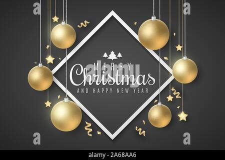 Weihnachten Grußkarte. Goldene Kugeln und Sterne. Serpentine und Konfetti auf schwarzem Hintergrund. Stilvolle Schriftzug im Rahmen. Festliche Plakat für Ihren de Stock Vektor