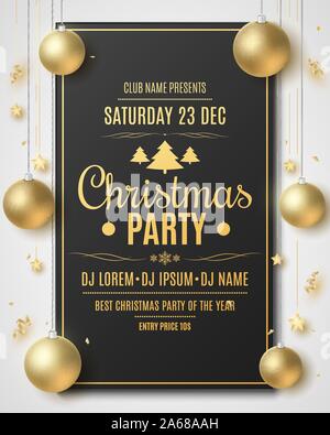 Weihnachten Flyer für die Party. Xmas-Konzept. Festliche Bälle und den goldenen Sternen. Serpentine und Konfetti. DJ und Club name. Grußkarte. Stilvolle Schriftzug ich Stock Vektor