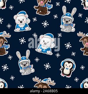 Nahtlose Muster mit niedlichen Baby Tiere an Weihnachten tragen. Vektor. Stock Vektor