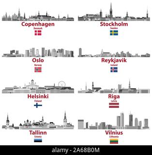 Vektor einrichten der Städte Skylines baltischen und skandinavischen Länder: Kopenhagen, Stockholm, Oslo, Reykjavik, Helsinki, Riga, Tallinn, Vilnius. Stock Vektor