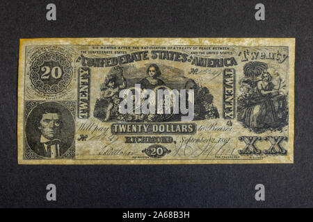 Eine Replik 1861 zwanzig Dollar (20 $) Bank Note von der Konföderierten Staaten von Amerika (1861-65) Stockfoto