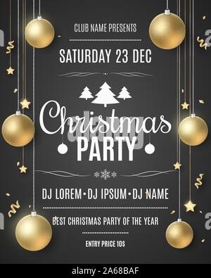 Weihnachten Poster für die Partei. Festliche Konzept. Goldene Kugeln und Sterne. Serpentine und Konfetti. DJ und Club name. Grußkarte. Stilvolle Schriftzug in Fr Stock Vektor