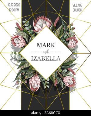 Hochzeit Einladung mit Blättern, Protea Blumen, saftige und goldenen Elementen in Aquarell Stil Stock Vektor