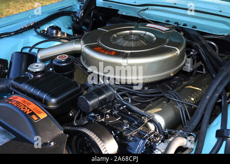 Ein 390-Kubikzoll Motor in einem vintage Thunderbird Auto. Stockfoto