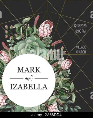 Hochzeit Einladung mit Blättern, Protea Blumen, saftige und goldenen Elementen in Aquarell Stil. Stock Vektor
