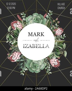 Hochzeit Einladung mit Blättern, Protea Blumen, saftige und goldenen Elementen in Aquarell Stil. Stock Vektor