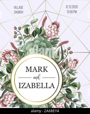 Hochzeit Einladung mit Blättern, Protea Blumen, saftige und goldenen Elementen in Aquarell Stil. Stock Vektor