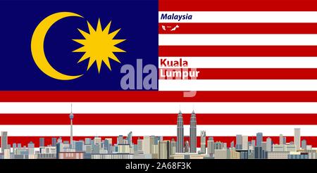 Vektor travel Poster mit Kuala Lumpur Skyline der Stadt Silhouette und Flagge Malaysia auf Hintergrund Stock Vektor