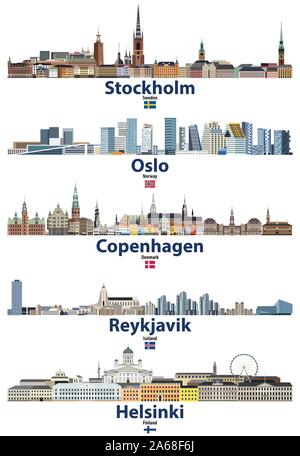 Vector Illustration von Stockholm, Oslo, Kopenhagen, Reykjavik und Helsinki Städte Skylines mit Fahnen von Schweden, Norwegen, Dänemark, Island und Finnland Stock Vektor