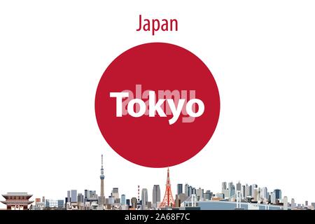 Vektor travel Poster mit Tokio Skyline der Stadt Silhouette und japanischer Flagge im Hintergrund Stock Vektor