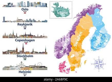 Skandinavische Länder Karte mit Hauptstädten skylines Symbole. Vector Illustration Stock Vektor