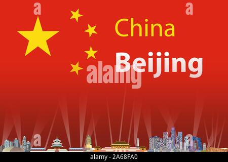 Vector Illustration von Beijing City Skyline mit Flagge von China auf Hintergrund Stock Vektor