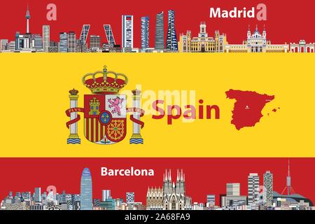 Vector Illustration von Madrid und Barcelona Städte Skylines mit Fahne und Karte von Spanien auf Hintergrund Stock Vektor
