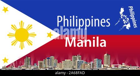 Vector Illustration von Manila City Skyline mit Flagge der Philippinen auf Hintergrund Stock Vektor