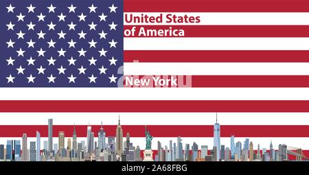 Vektor travel Poster mit New York City Skyline Silhouette und United Flaggenstaaten auf Hintergrund Stock Vektor