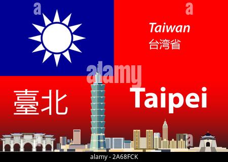 Taiwan Vektor Karte und Flagge. Skyline von Taipei. Stock Vektor