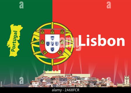Vektor travel Poster mit Silhouette Skyline der Stadt Lissabon und Portugal Flagge und Karte auf Hintergrund Stock Vektor