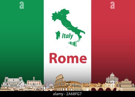 Vektor travel Poster mit Rom Skyline der Stadt Silhouette und die italienische Flagge und Karte im Hintergrund Stock Vektor