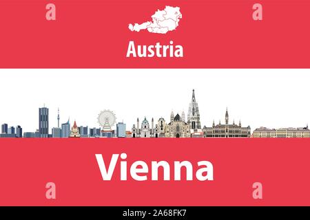 Vector Illustration des Vienna City Skyline mit Flagge und Karte von Österreich auf Hintergrund