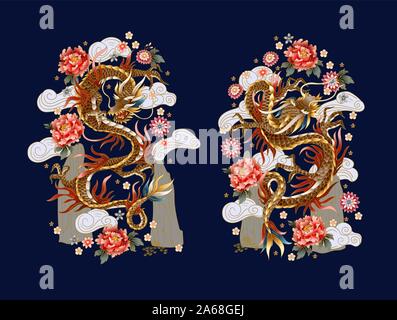 Traditionelle chinesische Drachen, Pfingstrosen und Sakura. Vektor. Stock Vektor