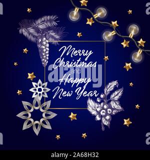 Weihnachten Poster oder Postkarte mit Kiefer, Holly Berry im grafischen Stil. Stock Vektor