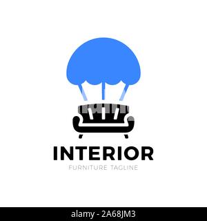 Interieur Sofa und Fallschirm Möbel Geschäft Zeichen vector Template für Lieferung oder logistische Möbelhaus, Home Decor boutique Design vorlage. vec Stock Vektor