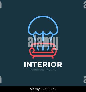 Interieur Sofa und Fallschirm Möbel Geschäft Zeichen vector Template für Lieferung oder logistische Möbelhaus, Home Decor boutique Design vorlage. vec Stock Vektor