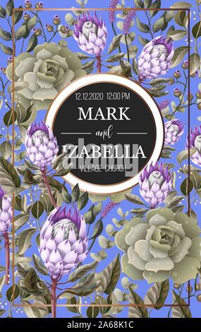 Hochzeit Einladung mit Blättern, Protea Blumen, saftige und goldenen Elementen in Aquarell Stil. Stock Vektor