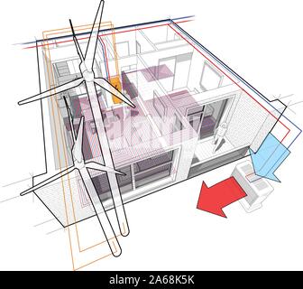 Perspektive Innenansicht der ein Apartment mit einem Schlafzimmer komplett mit heißem Wasser, Heizung und Wärmepumpe mit Zentralheizung Stock Vektor