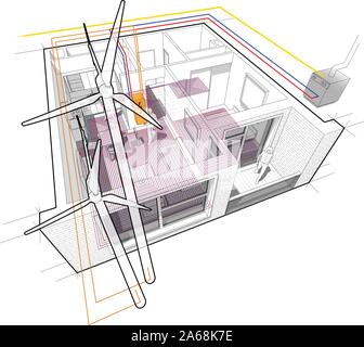 Apartment Diagramm mit Fußbodenheizung und Gas Wasser Kessel und die Windenergieanlagen angeschlossen Stock Vektor