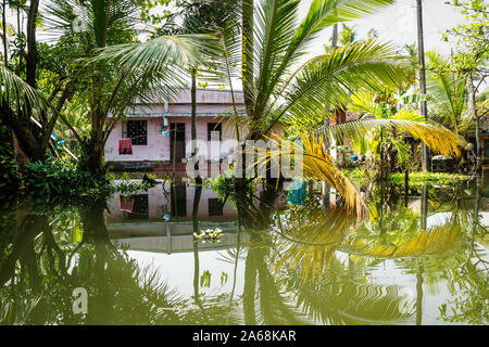 Traditionelles Haus in die Kerala Backwaters im üppigen Dschungel entlang des Kanals mit hellen Reflexionen, Alappuzha - New Delhi, Indien Stockfoto