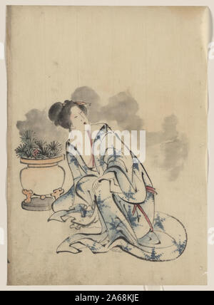Frau, möglicherweise eine Kurtisane, neben einem Blumentopf sitzend, mit Kopf nach links nach rechts gedreht, das Tragen von Kimono mit starburst Design, dass die Pflanzen im Topf imitiert. Stockfoto