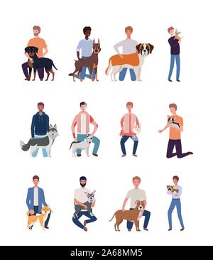 Junge Männer mit niedlichen Hunde Maskottchen Zeichen Stock Vektor