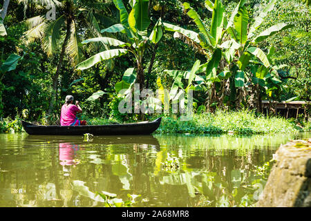 Alleppey - Alappuzha, Indien - 13. November 2017: Alte lokale Frau Paddeln in einem kleinen Boot durch die Kerala backwaters entlang üppiger Dschungel Stockfoto