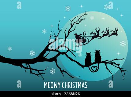 Süße Katzen beobachten Weihnachtsmann mit Rentier und Schlitten, Vektor Weihnachtskarte Stock Vektor