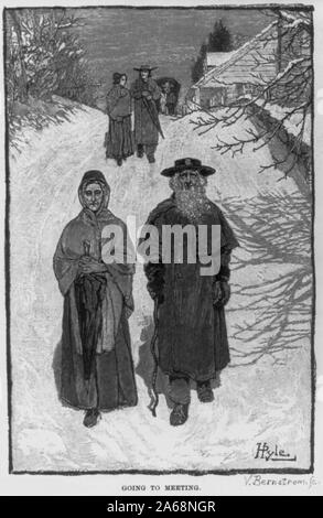 Holzstich aus der Zeichnung von Howard Pyle, die seine Artikel illustriert, ein besonderes Volk, in Harper's Neue Monatliche, Okt. 1889, S. 776-785. Dunker Religion in Pennsylvania: der Weg zur Konferenz Stockfoto