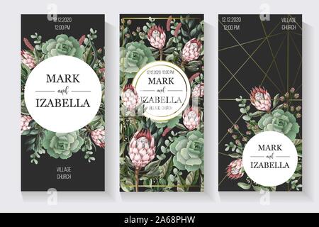 Hochzeit Einladung mit Blättern, Protea Blumen, saftige und goldenen Elementen in Aquarell Stil. Stock Vektor