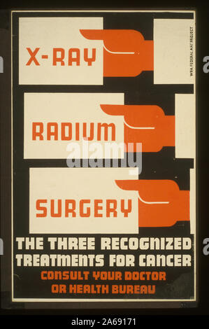 X-Ray, Radium, Chirurgie - Die drei anerkannten Behandlungen für Krebs Abstract: Poster Förderung der Diagnose und Behandlung von Krebs. Stockfoto