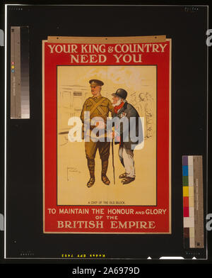 Ihr König & Land benötigen Sie die Ehre und Herrlichkeit des Britischen Empire abstrakt zu halten: Poster, auf dem ein alter Veteran, seine Dekorationen tragen, das Händeschütteln mit einem jungen Soldaten. Stockfoto