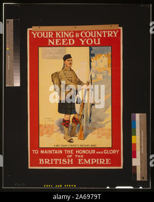 Ihr König & Land benötigen Sie die Ehre und Herrlichkeit des Britischen Empire abstrakt zu halten: Poster, eine schottische Soldat in Uniform mit Kilt, stehend auf einer Straße Ecke in einer belgischen Dorf. Stockfoto